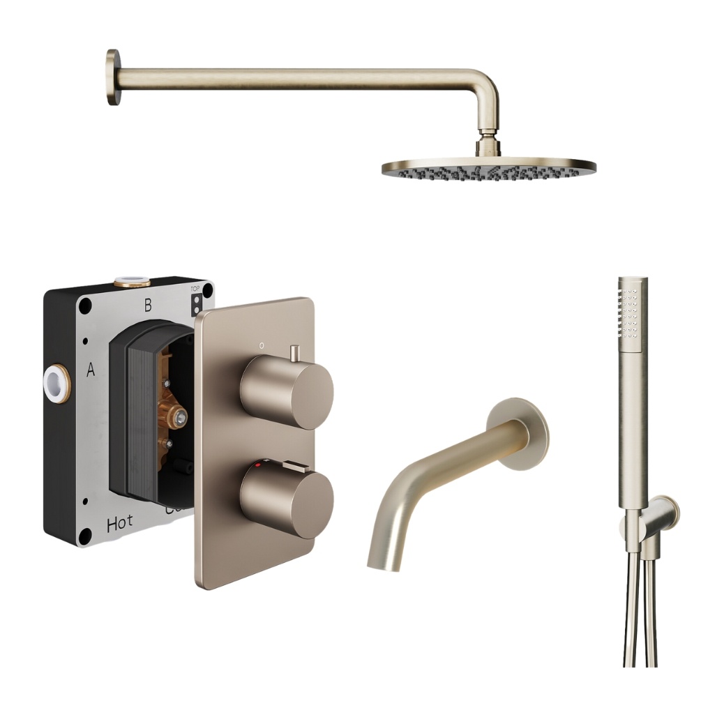 Product Cut out image of the Abacus Iso Brushed Nickel 3 Outlet Shower Pack with Bath Spout & Handset
